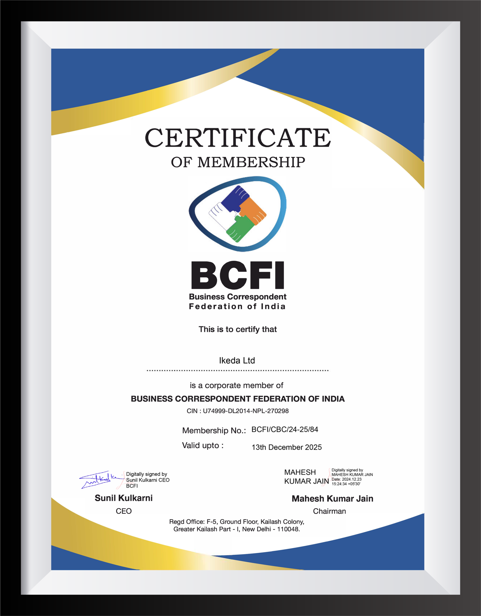 BCFI Certificate of Membership