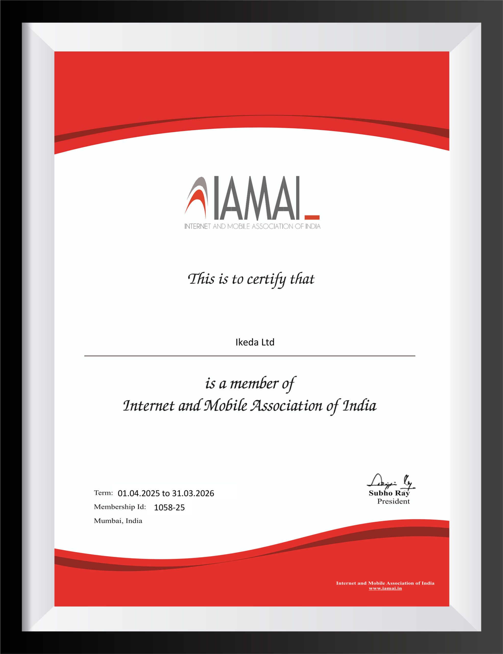 IAMAI Certificate of Membership